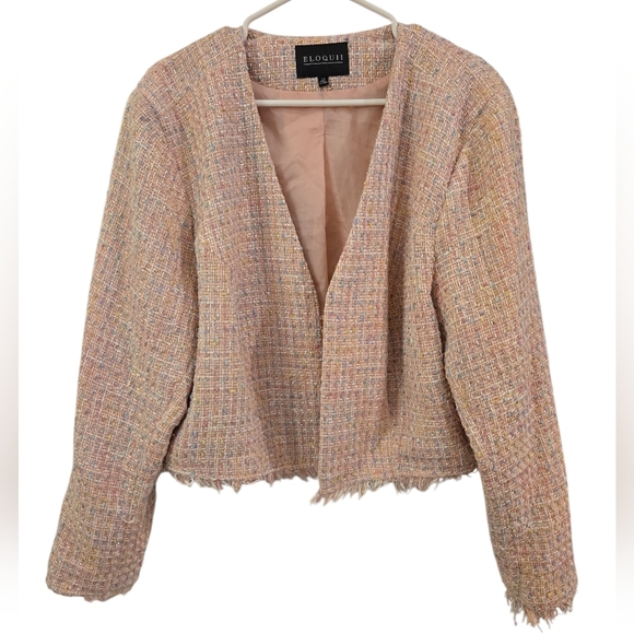 ELOQUII PINK TWEED METALLIC FRING CROPPED BLAZER. SIZE 30. - Picture 1 of 9